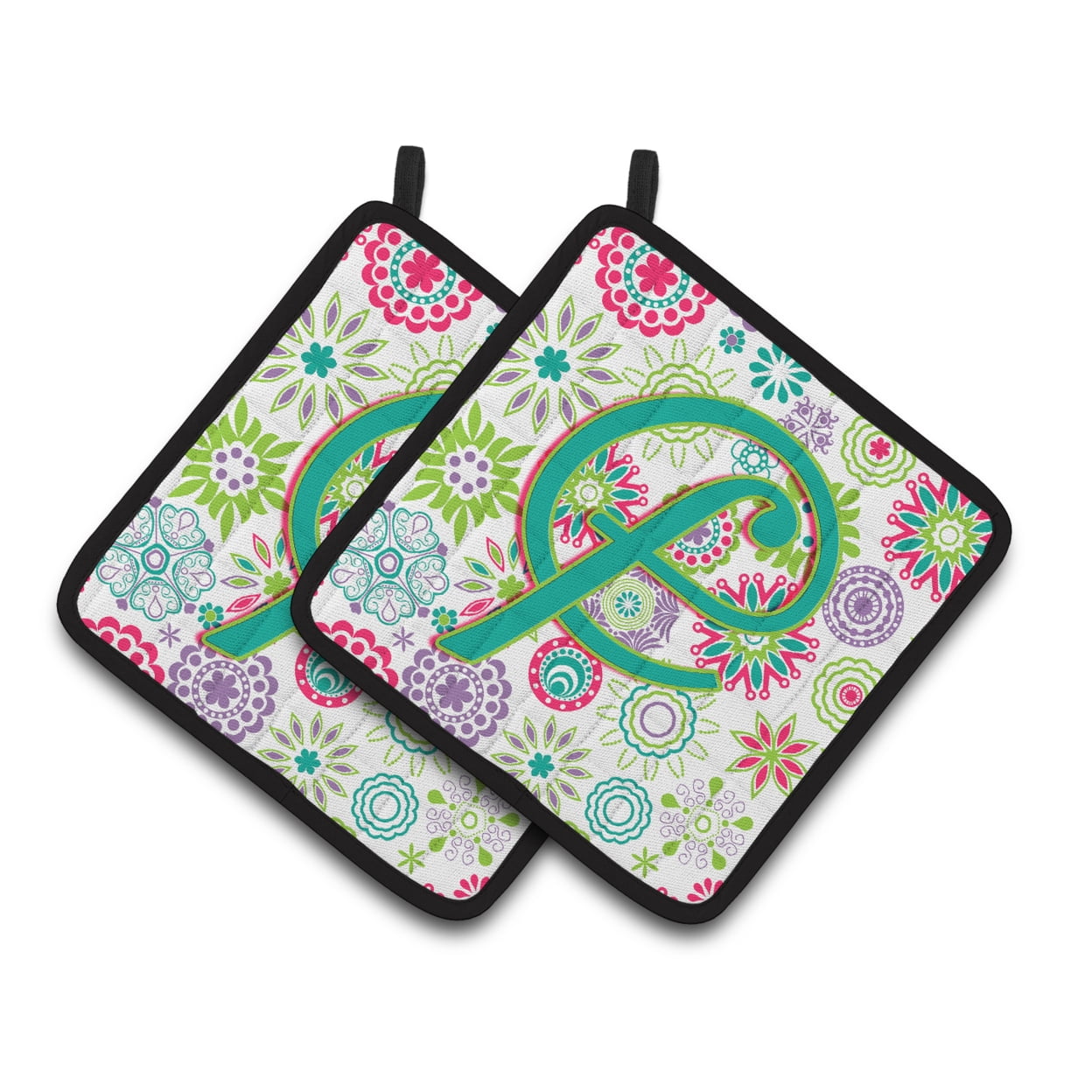Letter F Flowers Pink Teal Green Initial Pair of Pot Holders