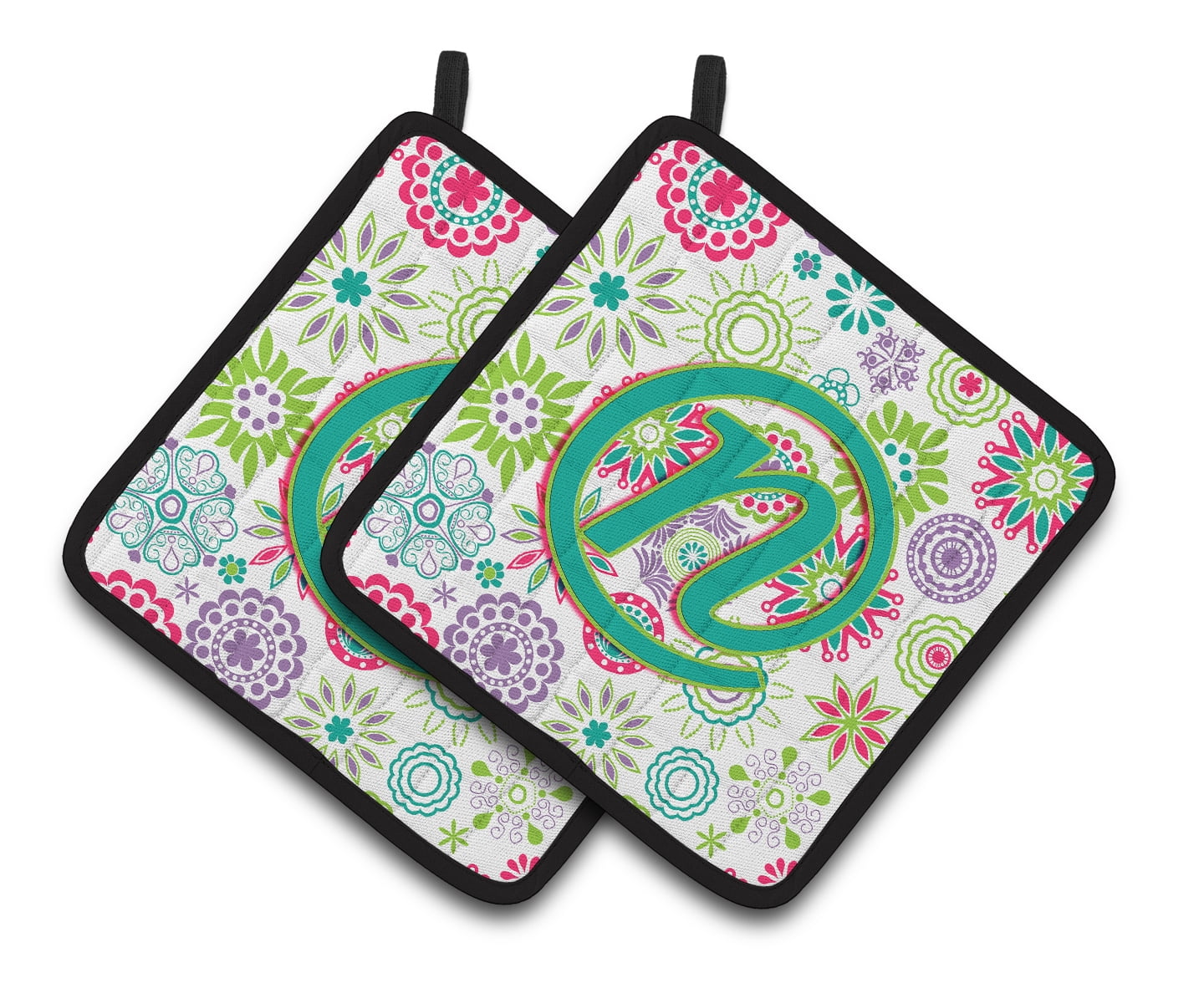 Carolines Treasures CJ2011-NPTHD Letter N Flowers Pink Teal Green Initial Pair of Pot Holders, 7.5HX7.5W, multicolor