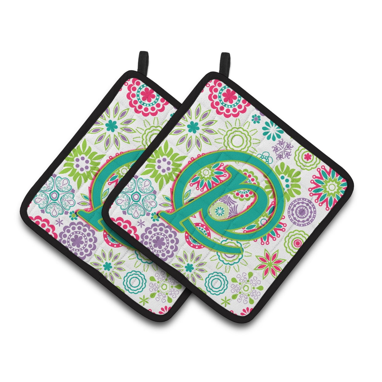 Carolines Treasures CJ2011-PPTHD Letter P Flowers Pink Teal Green Initial Pair of Pot Holders, 7.5HX7.5W, multicolor