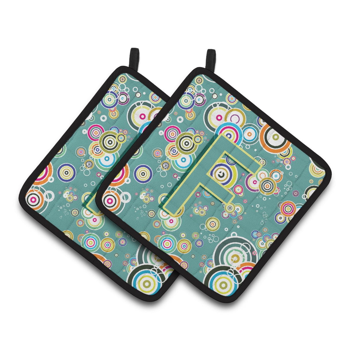 Carolines Treasures CJ2015-FPTHD Letter F Circle Circle Teal Initial Alphabet Pair of Pot Holders, 7.5HX7.5W, multicolor