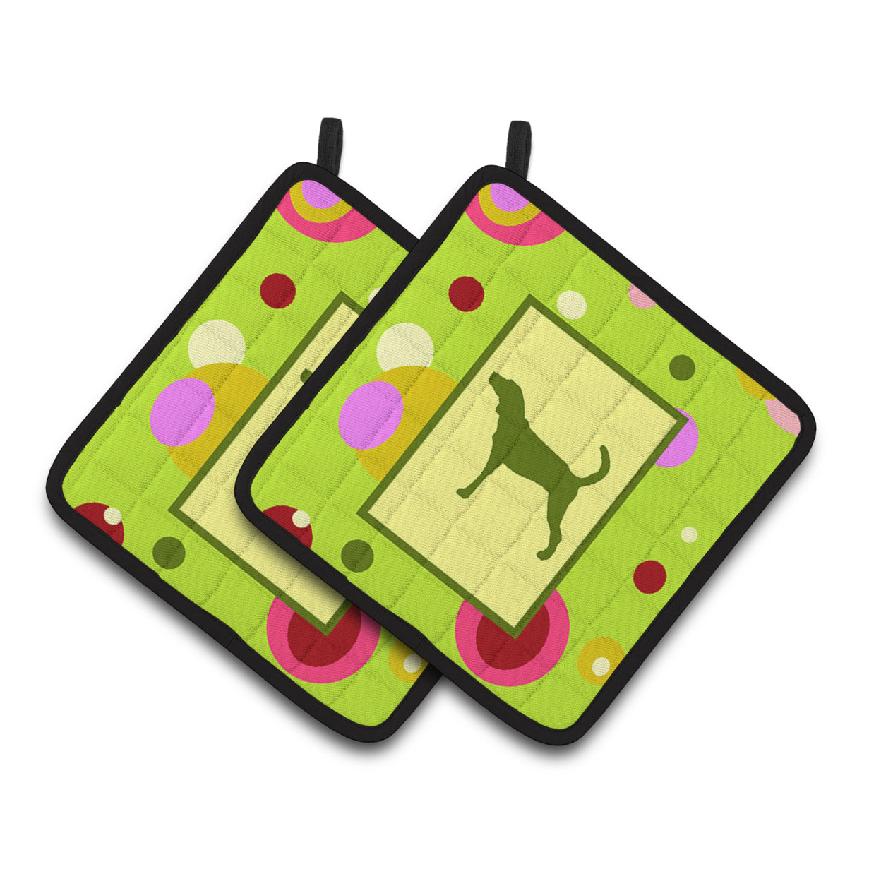 Lime Green Dots Plott Hound Pair of Pot Holders