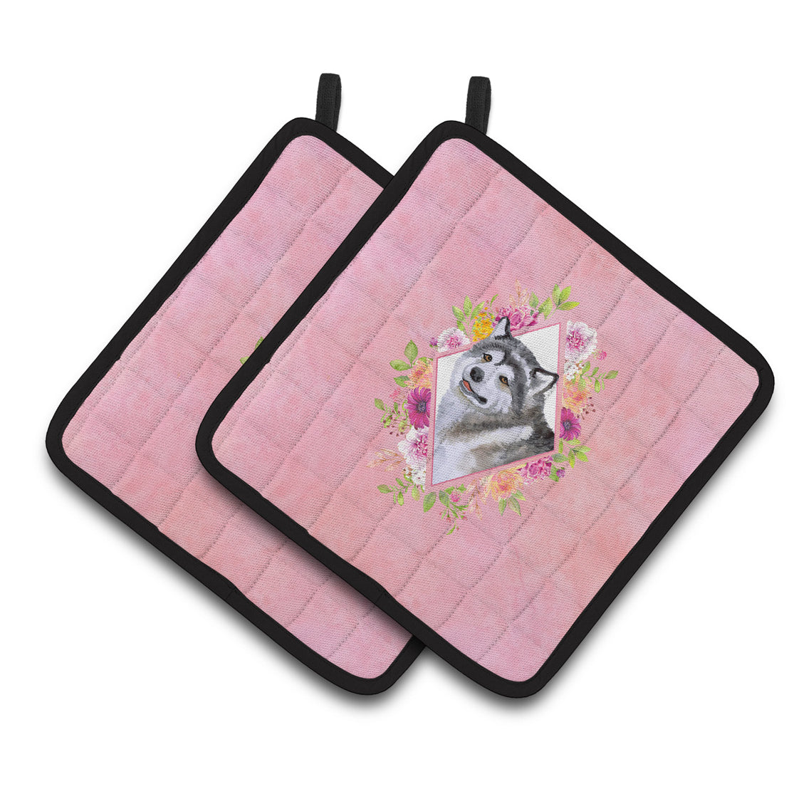 Alaskan Malamute Pink Flowers Pair of Pot Holders