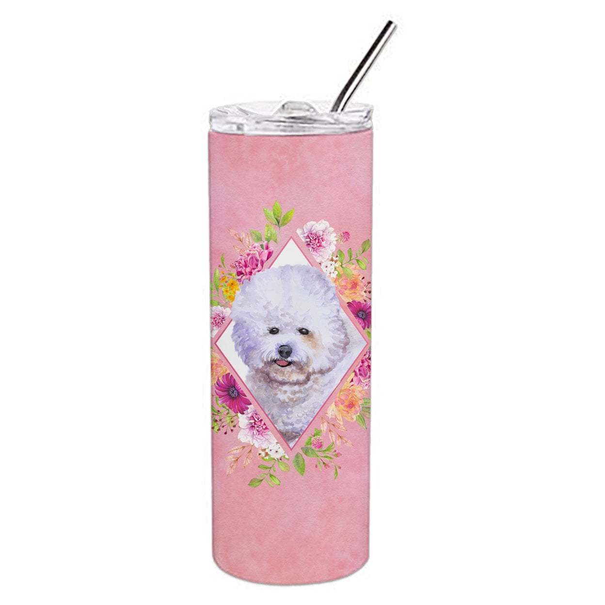 Carolines Treasures CK4120TBL20 Bichon Fris? Design2 Pink Flowers Stainless Steel 20 oz Skinny Tumbler 20 oz multicolor
