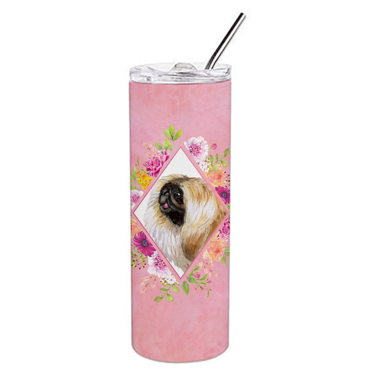 Carolines Treasures CK4166TBL20 Pekingese Pink Flowers Stainless Steel 20 oz Skinny Tumbler 20 oz multicolor