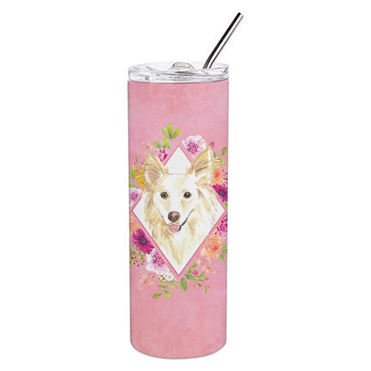 Carolines Treasures CK4201TBL20 White Collie Pink Flowers Stainless Steel 20 oz Skinny Tumbler 20 oz multicolor