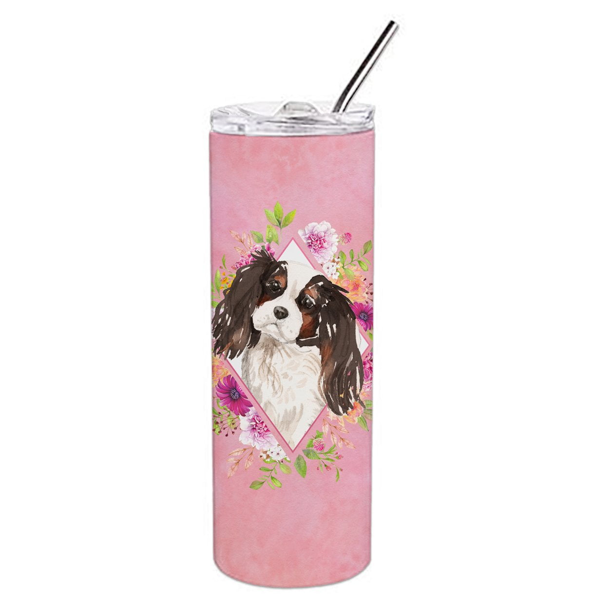 Carolines Treasures CK4206TBL20 Tricolor Cavalier Spaniel Pink Flowers Stainless Steel 20 oz Skinny Tumbler 20 oz