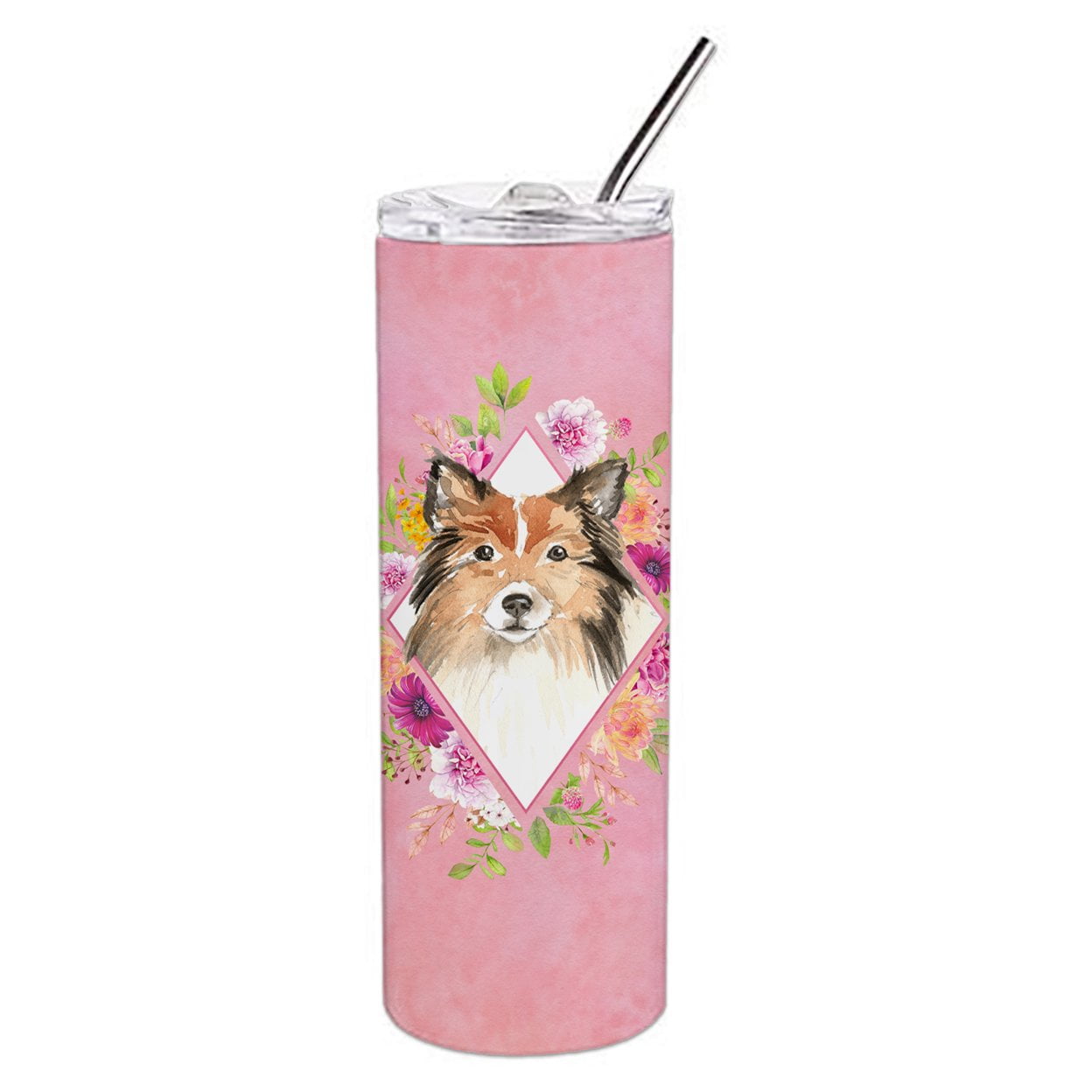 Carolines Treasures CK4213TBL20 Sheltie Pink Flowers Stainless Steel 20 oz Skinny Tumbler 20 oz multicolor