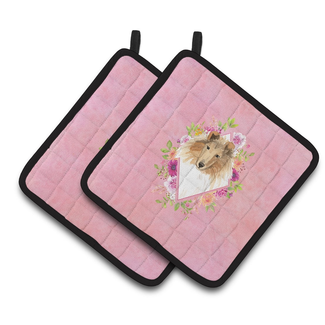 Carolines Treasures CK4216PTHD Collie Pink Flowers Pair of Pot Holders 7.5HX7.5W multicolor