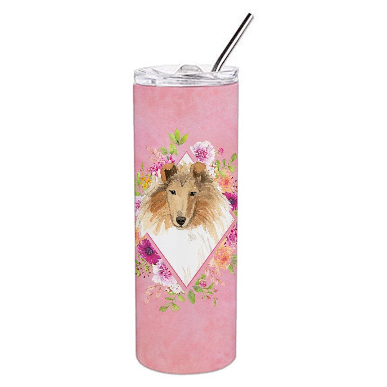 Carolines Treasures CK4216TBL20 Collie Pink Flowers Stainless Steel 20 oz Skinny Tumbler 20 oz multicolor