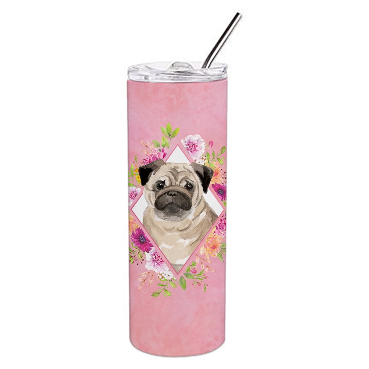 Carolines Treasures CK4218TBL20 Fawn Pug Pink Flowers Stainless Steel 20 oz Skinny Tumbler 20 oz multicolor