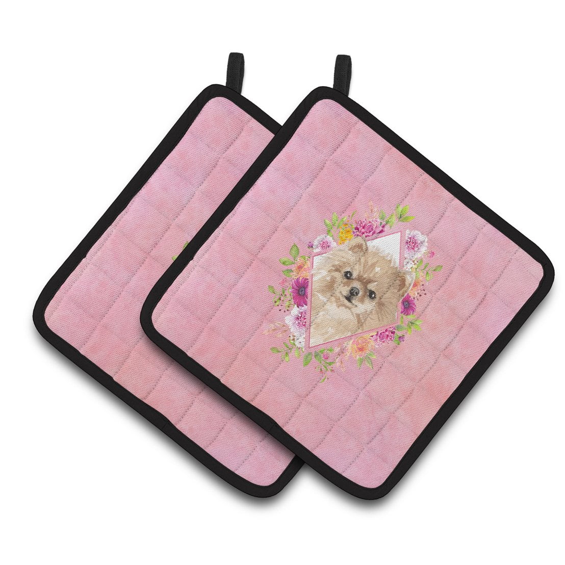 Pomeranian Pink Flowers Pair of Pot Holders