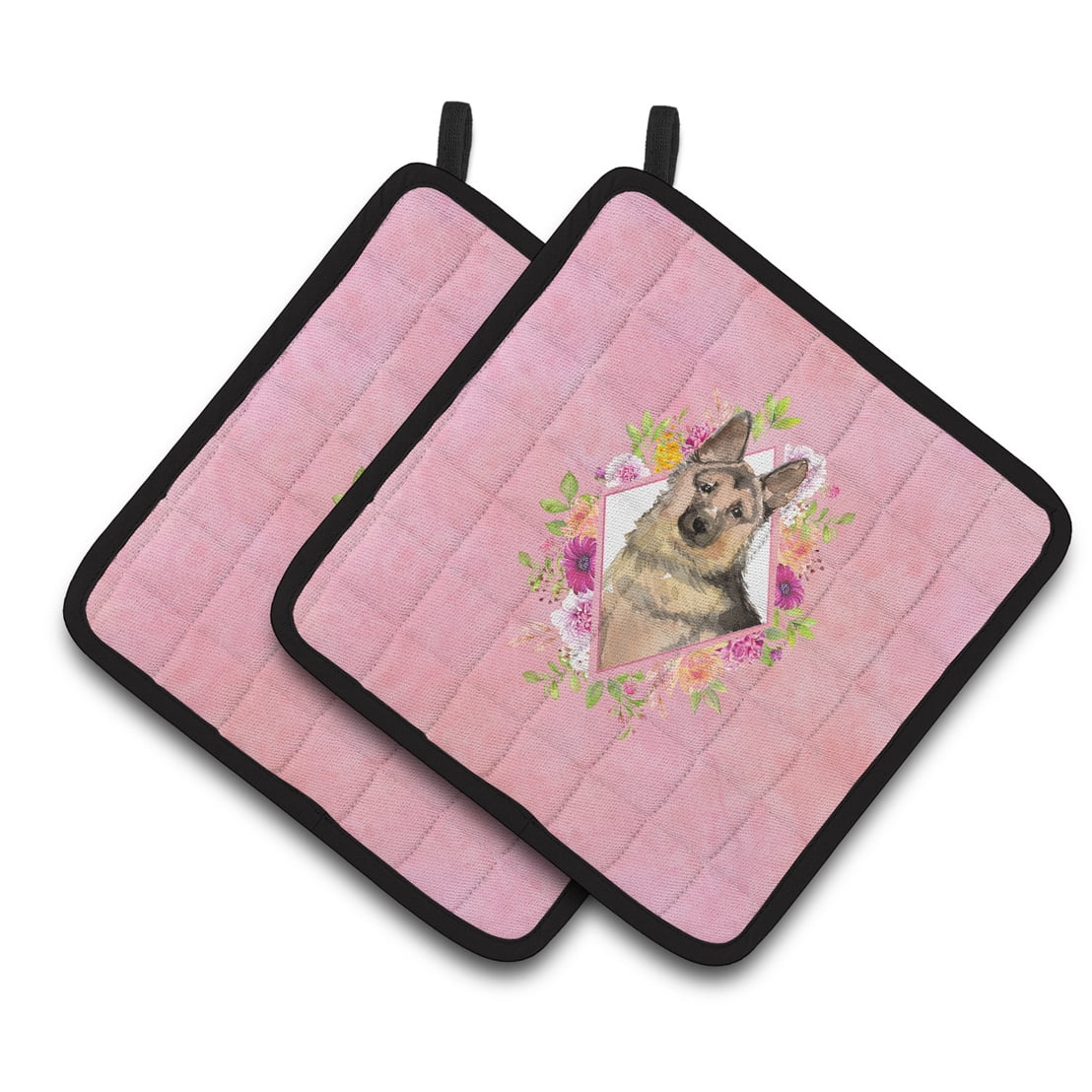 Carolines Treasures CK4237PTHD German Shepherd Pink Flowers Pair of Pot Holders 7.5HX7.5W multicolor