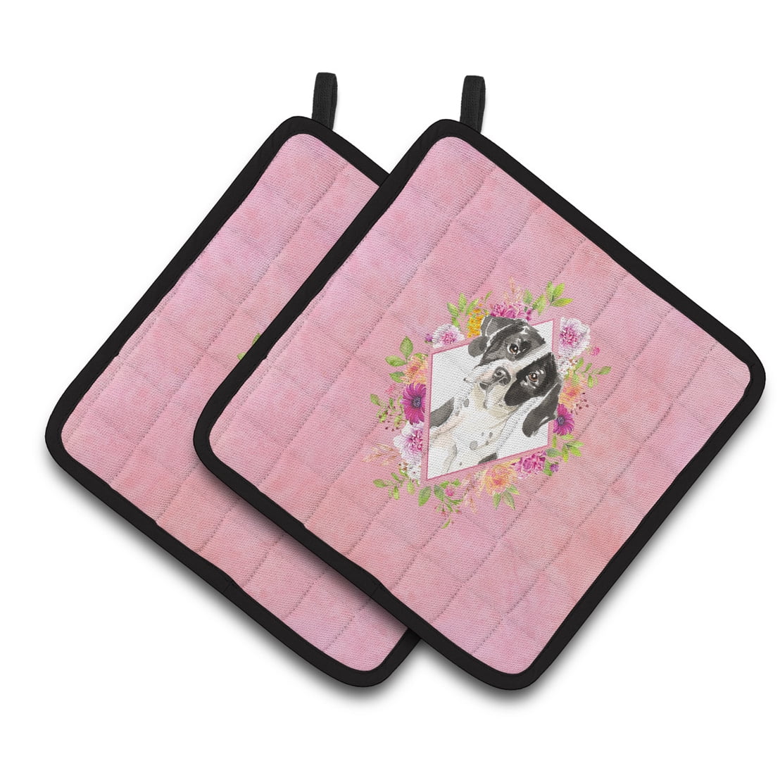 English Pointer Pink Flowers Pair of Pot Holders