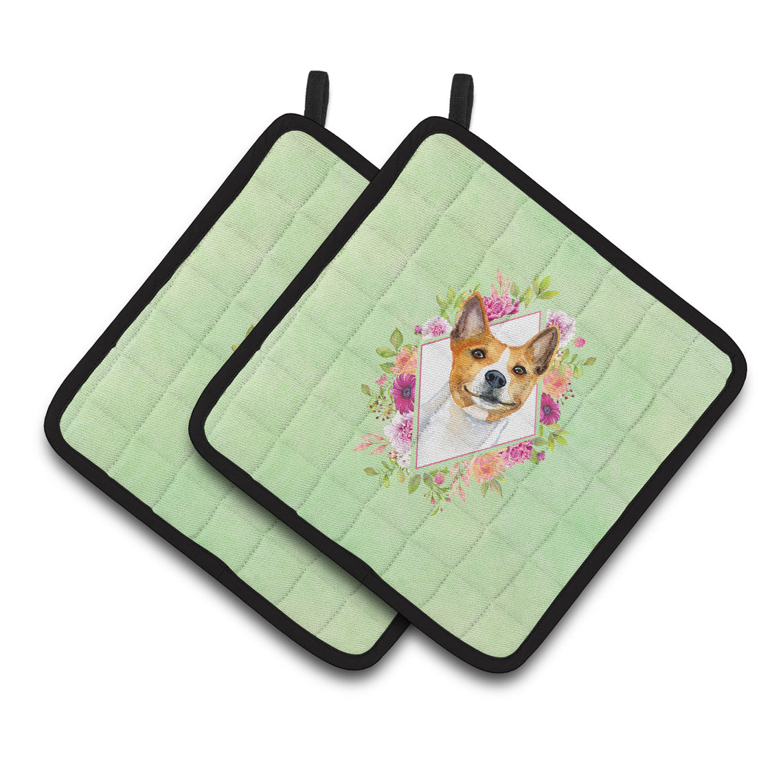 Carolines Treasures CK4275PTHD Basenji Green Flowers Pair of Pot Holders 7.5HX7.5W multicolor