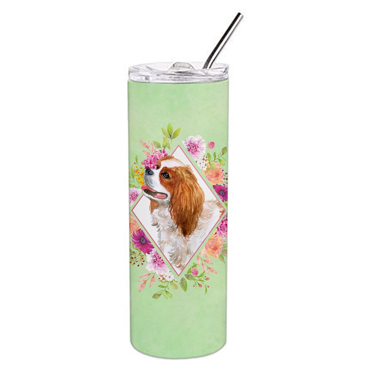 Carolines Treasures CK4286TBL20 Cavalier King Charles Spaniel Green Flowers Stainless Steel 20 oz Skinny Tumbler 20 oz
