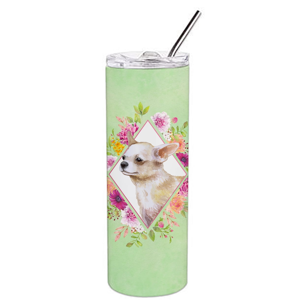 Carolines Treasures CK4289TBL20 Chihuahua Design2 Green Flowers Stainless Steel 20 oz Skinny Tumbler 20 oz multicolor