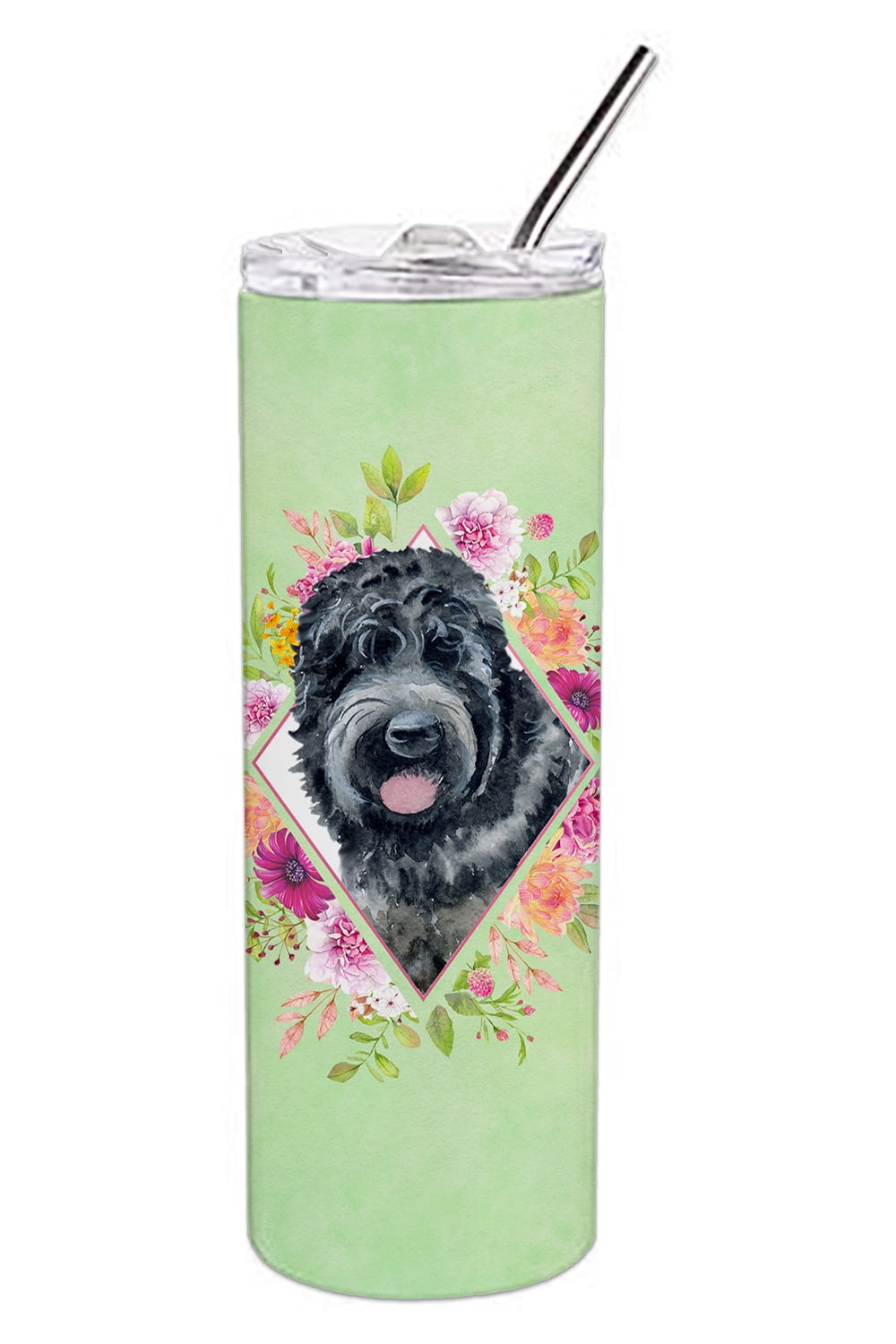 Carolines Treasures CK4336TBL20 Russian Black Terrier Green Flowers Stainless Steel 20 oz Skinny Tumbler 20 oz