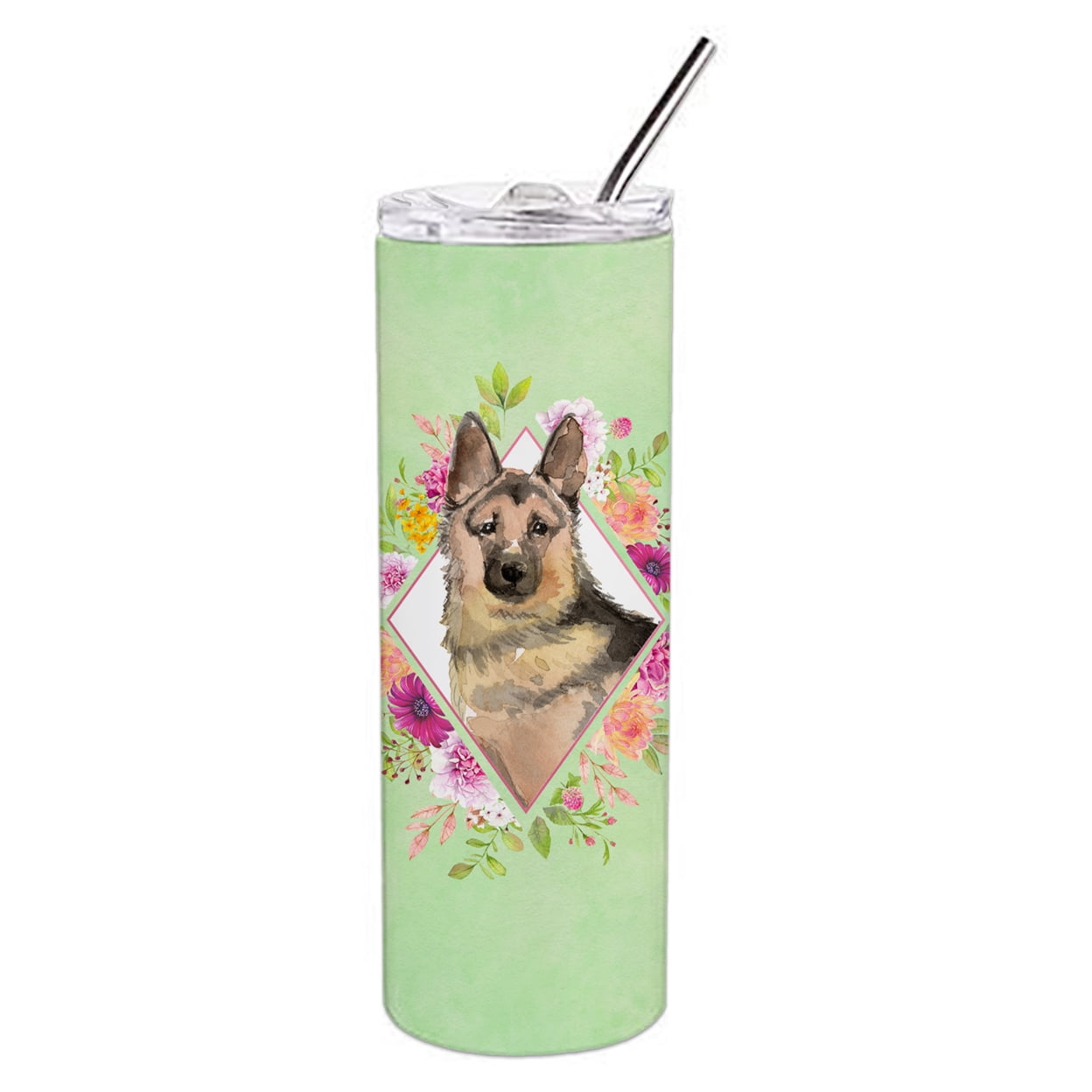 Carolines Treasures CK4397TBL20 German Shepherd Green Flowers Stainless Steel 20 oz Skinny Tumbler 20 oz multicolor