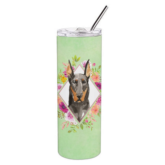 Carolines Treasures CK4401TBL20 Doberman Pinsher Green Flowers Stainless Steel 20 oz Skinny Tumbler 20 oz multicolor