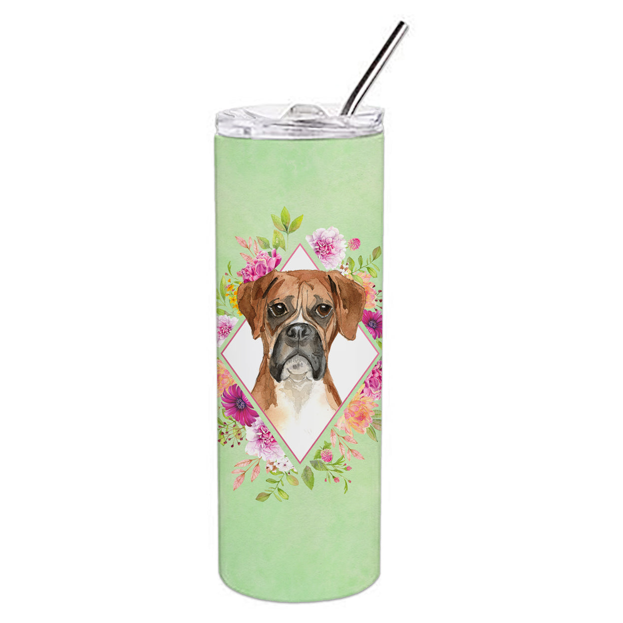 Carolines Treasures CK4415TBL20 Boxer Green Flowers Stainless Steel 20 oz Skinny Tumbler 20 oz multicolor