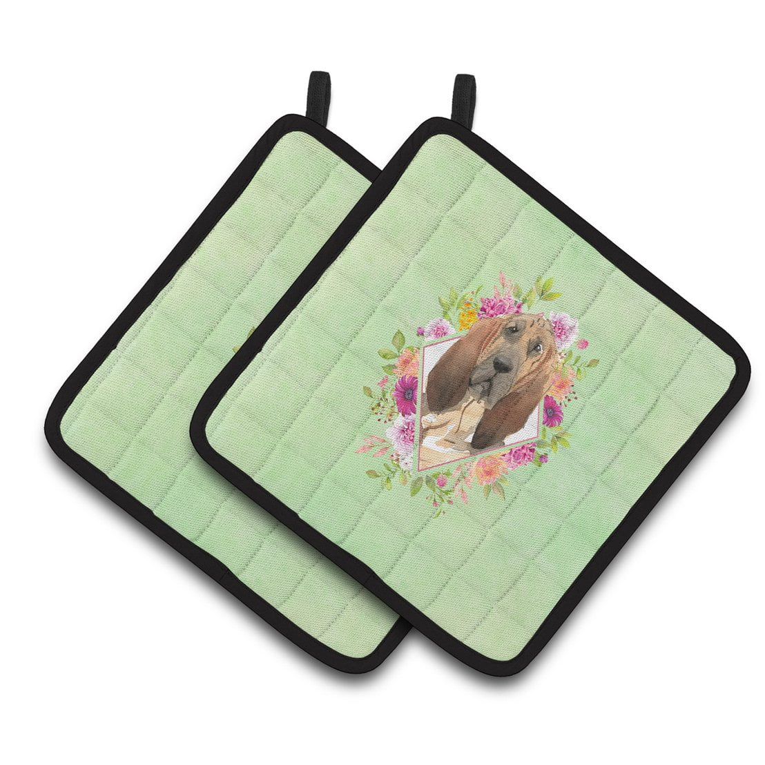 Carolines Treasures CK4419PTHD Bloodhound Green Flowers Pair of Pot Holders 7.5HX7.5W multicolor