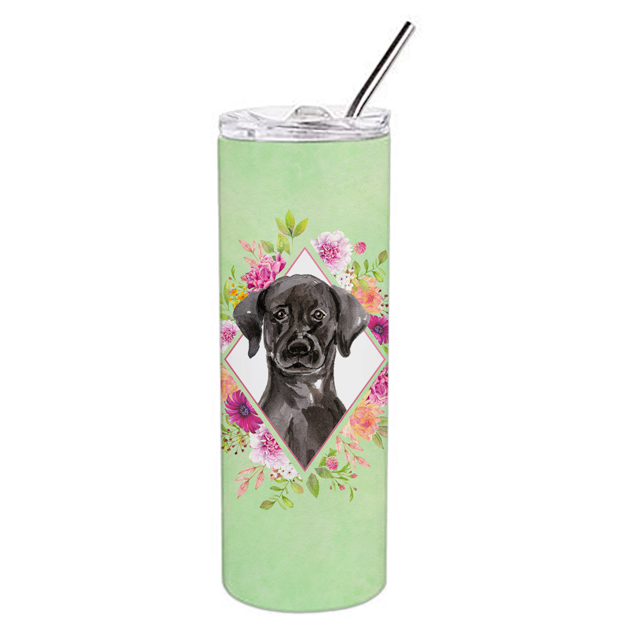 Carolines Treasures CK4421TBL20 Black Labrador Green Flowers Stainless Steel 20 oz Skinny Tumbler 20 oz multicolor