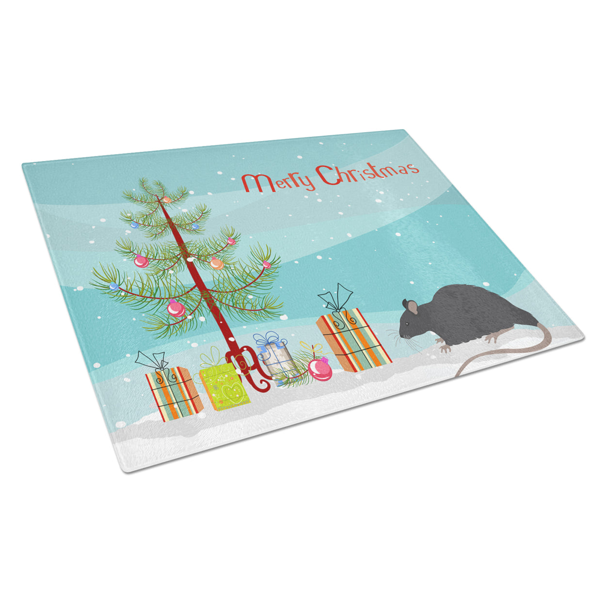 Carolines Treasures CK4468LCB Black Rat Merry Christmas Glass Cutting Board Large, 12H x 16W, multicolor