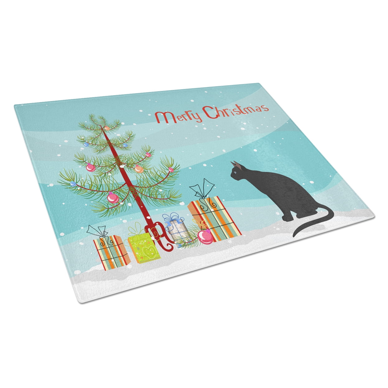 Carolines Treasures CK4781LCB Ojos Azules Cat Merry Christmas Glass Cutting Board Large, 12H x 16W, multicolor