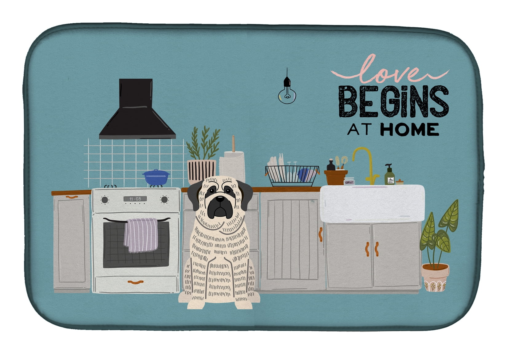 White Mastiff Brindle Kitchen Scene Dish Drying Mat