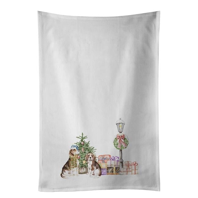 Carolines Treasures CK8111WTKT 28 x 19 in. Unisex Beagle Adult & Puppy Tricolor with Christmas Wonderland White Dish Towels Kitchen Towel - Set of 2