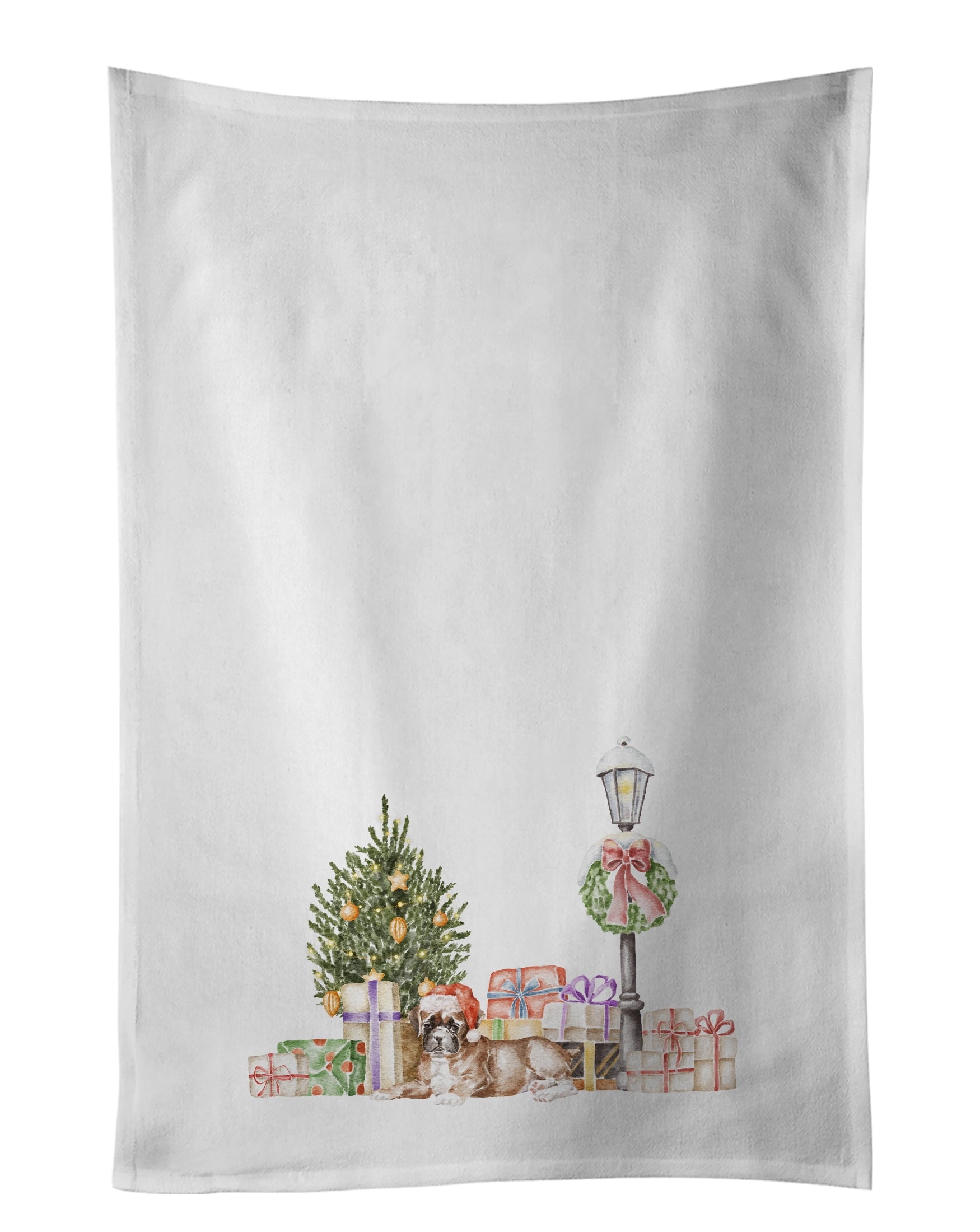 Boxer Fawn with Christmas Wonderland White Kitchen Towel Set of 2 19 in x 28 in