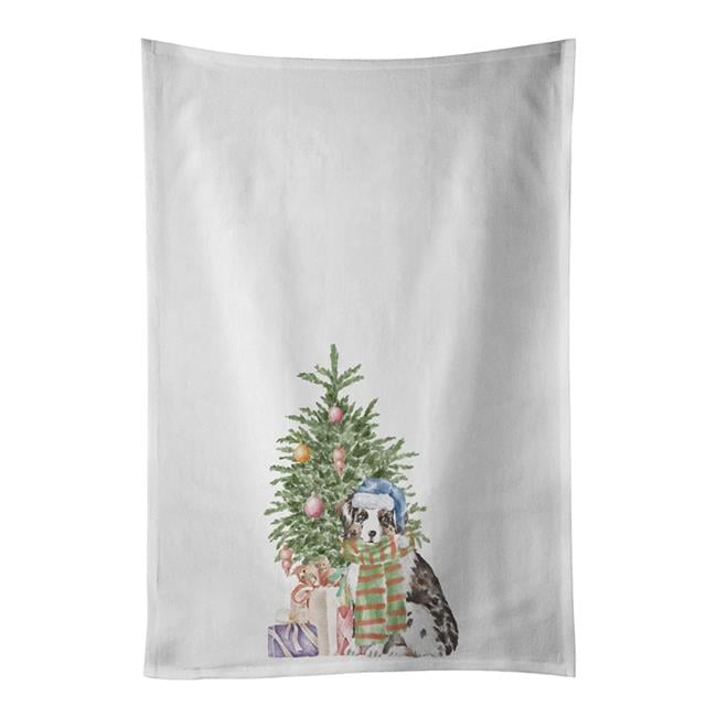Carolines Treasures CK8197WTKT 28 x 19 in. Unisex Australian Shepherd Puppy Christmas Presents & Tree White Dish Towels Kitchen Towel - Set of 2