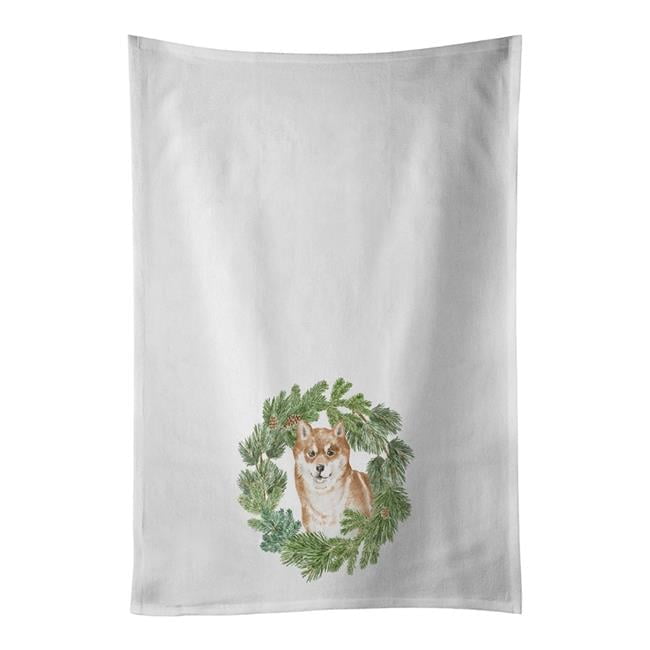 Carolines Treasures CK8899WTKT 28 x 19 in. Unisex Shiba Inu Sitting Pretty Christmas Wreath White Dish Towels Kitchen Towel - Set of 2
