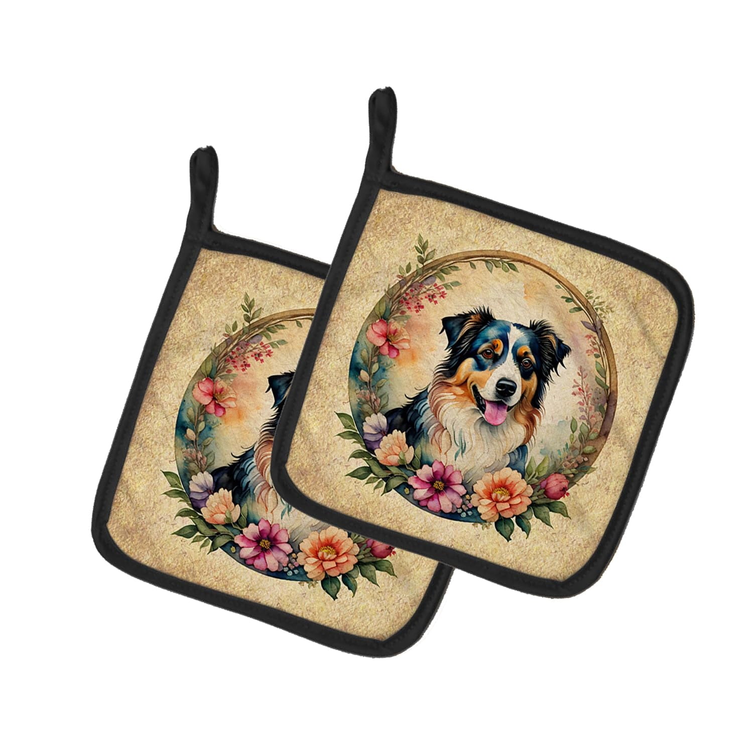 Carolines Treasures DAC2084PTHD 0.3 x 7.5 x 7.5 in. Australian Shepherd & Flowers Pot Holders, Set of 2