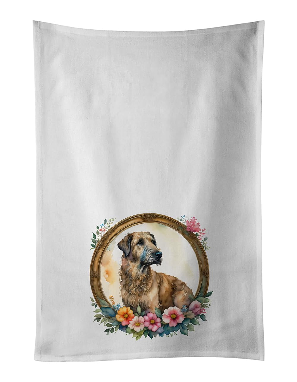 Irish Wolfhound and Flowers Kitchen Towel Set of 2 White Dish Towels 19 in x 28 in