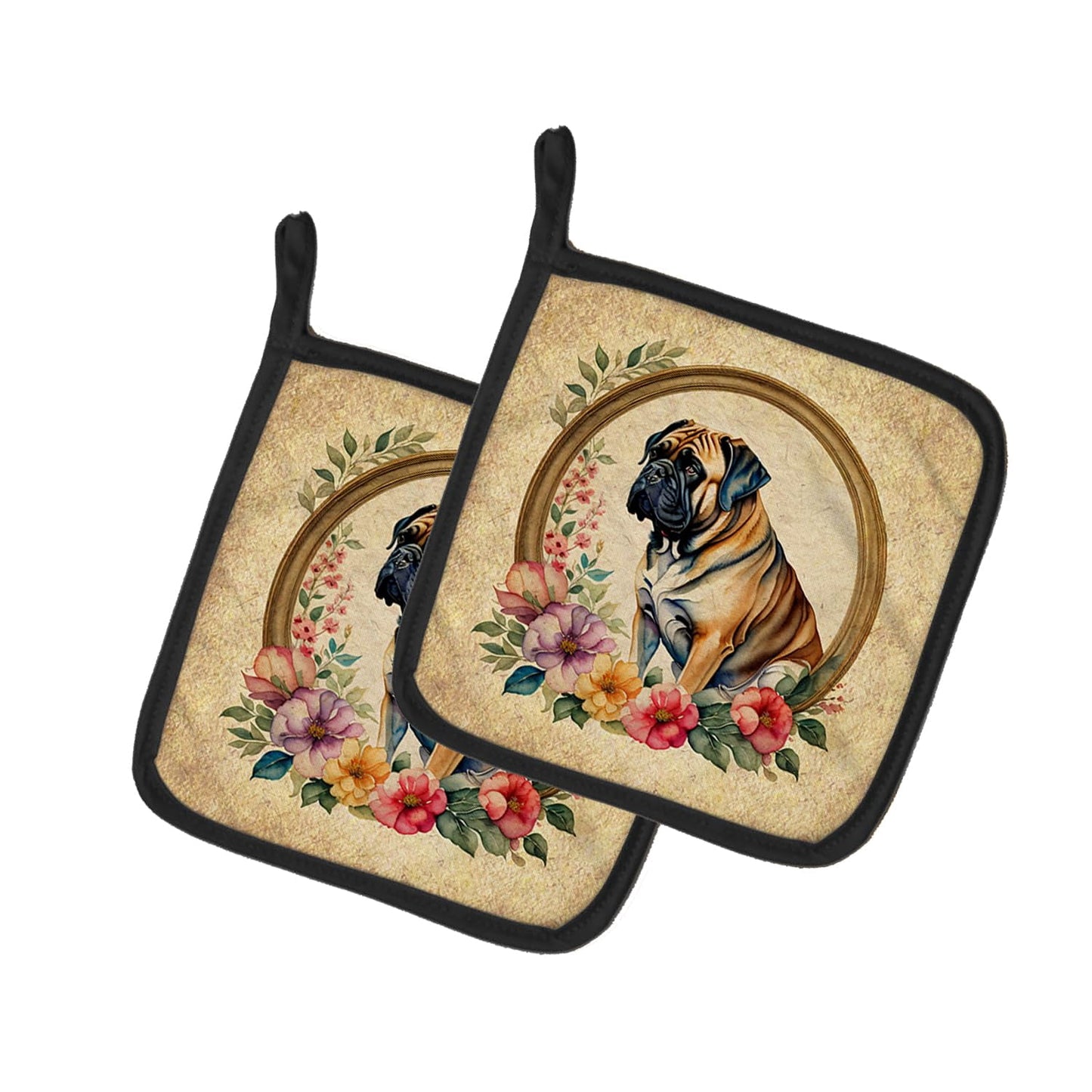 Carolines Treasures DAC2171PTHD 0.3 x 7.5 x 7.5 in. Mastiff & Flowers Pot Holders, Set of 2