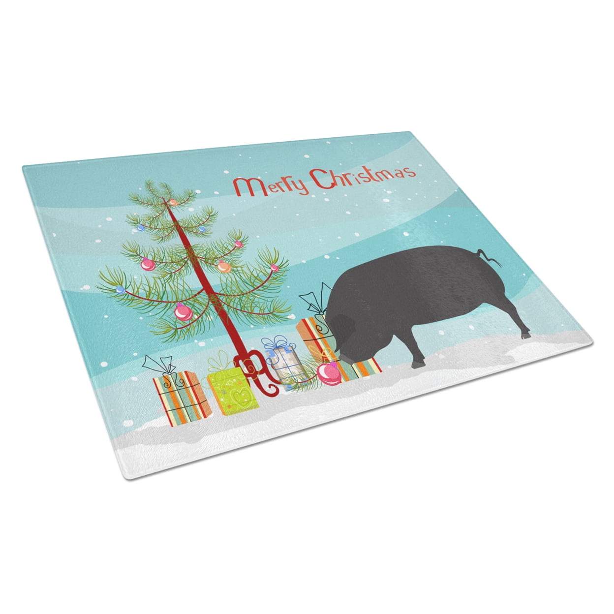 Carolines Treasures Devon Large Black Pig Christmas Glass Cutting Board Large Teal 12H x 16W multicolor