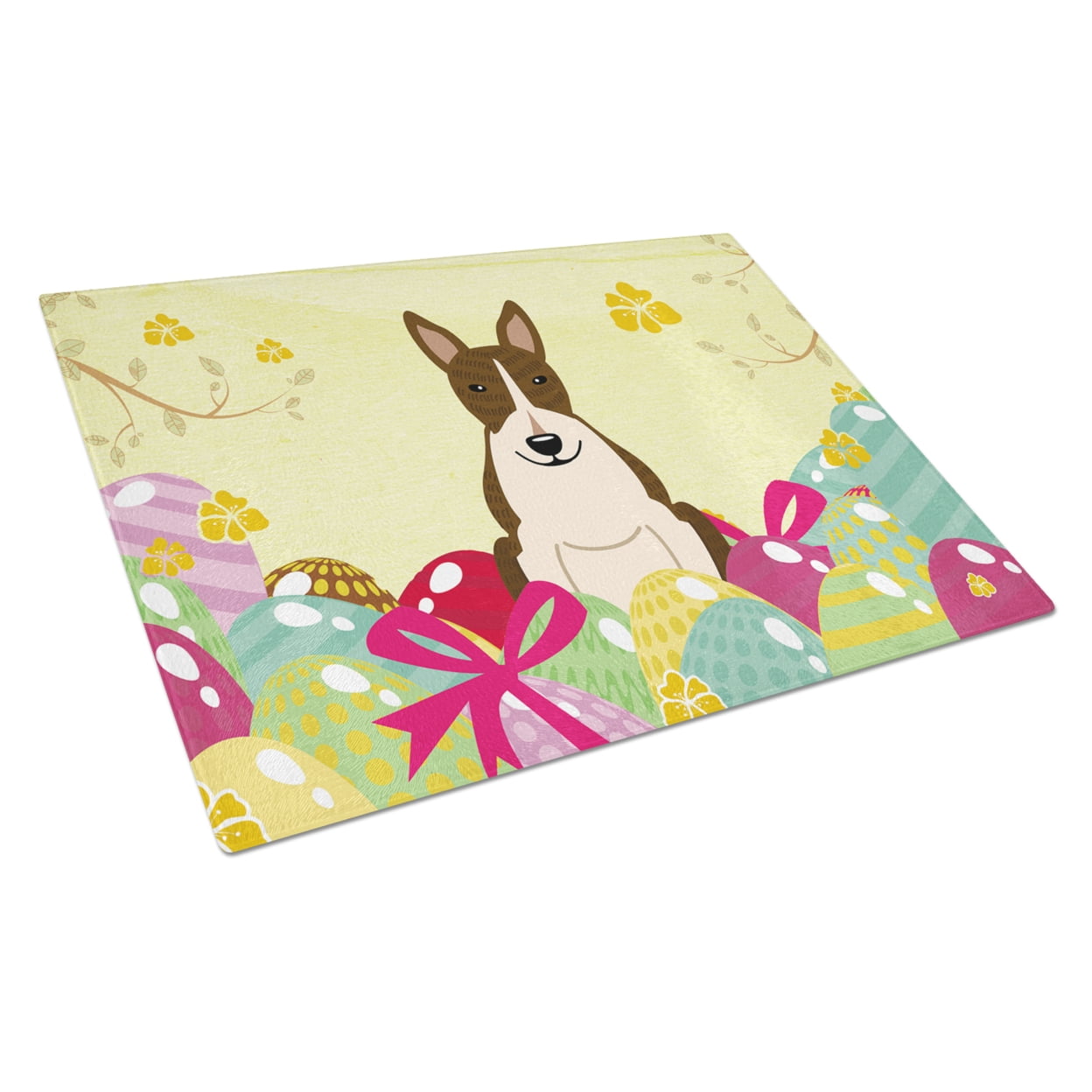 Carolines Treasures Easter Eggs Bull Terrier Dark Brindle Glass Cutting Board Large 12H x 16W multicolor