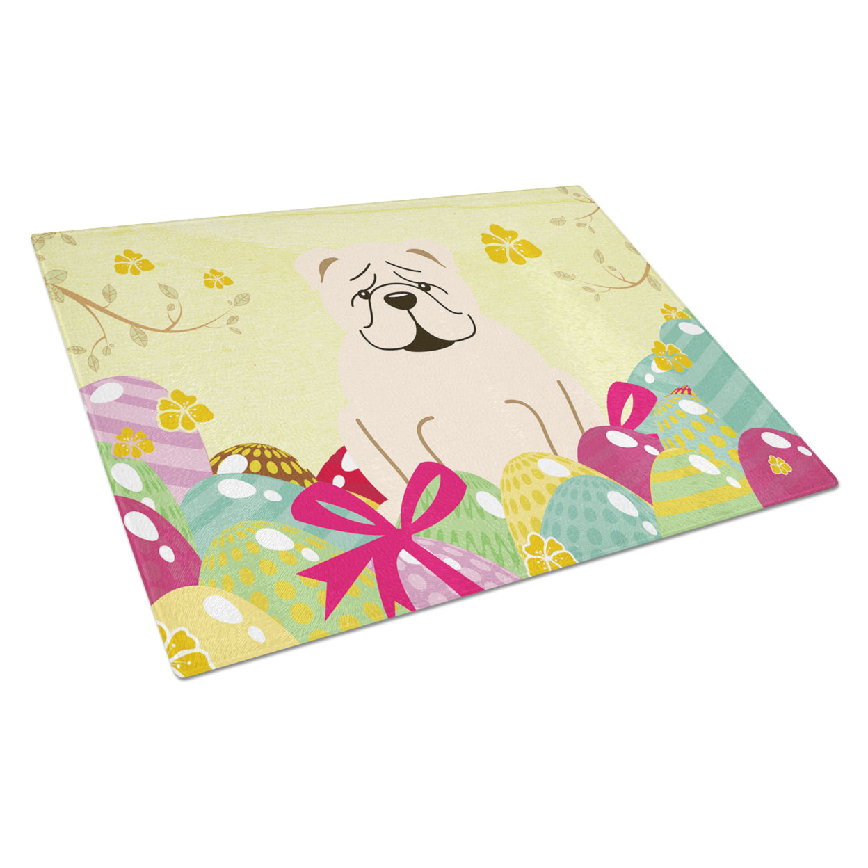 Carolines Treasures Easter Eggs English Bulldog White Glass Cutting Board Large 12H x 16W multicolor