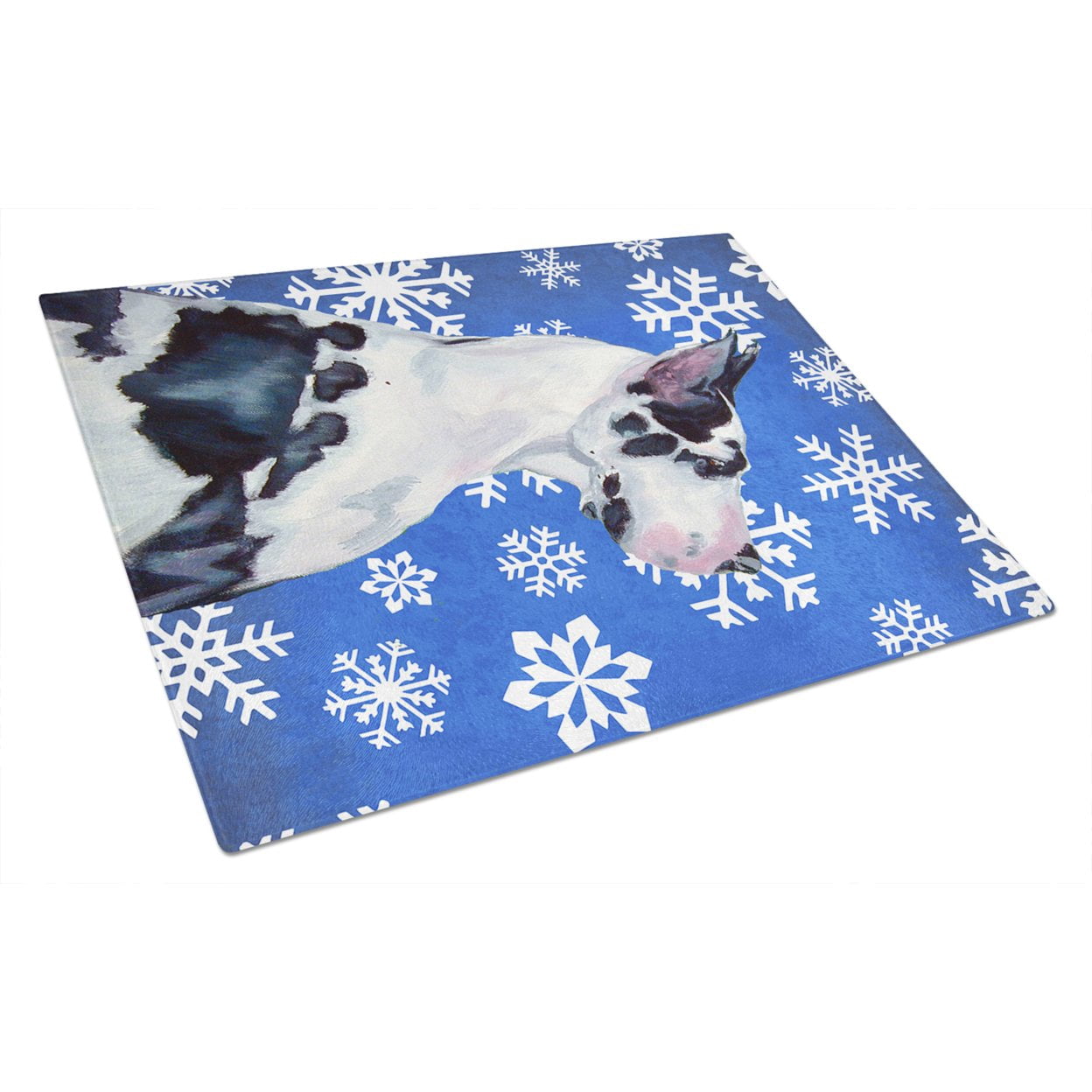 Carolines Treasures LH9281LCB Great Dane Tabla de Cortar de Vidrio NavideÃ±a con Copos de Nieve de Invierno Grande, 12 H x 16 W, multicolor