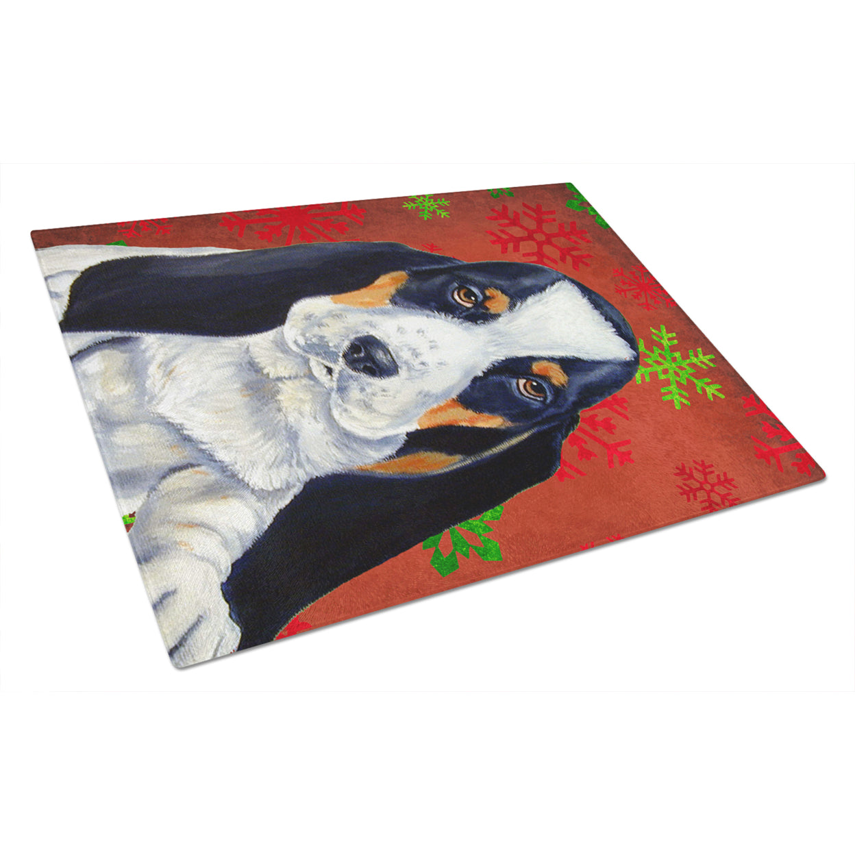 Carolines Treasures LH9329LCB Basset Hound Red and Green Snowflakes Holiday Christmas Glass Cutting Board Large, 12H x