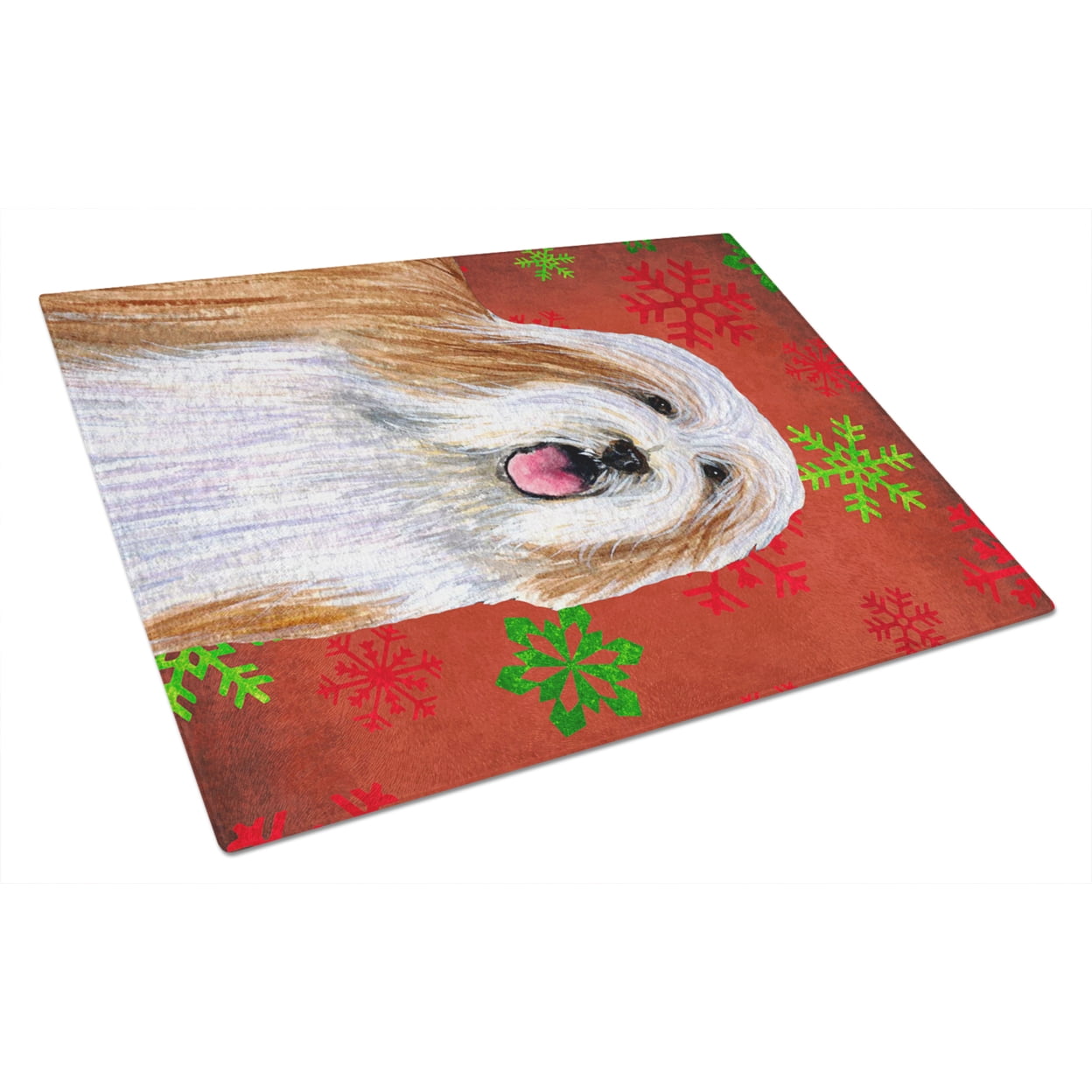 Carolines Treasures LH9330LCB Bearded Collie Red and Green Snowflakes Holiday Christmas Glass Cutting Board Large, 12H x