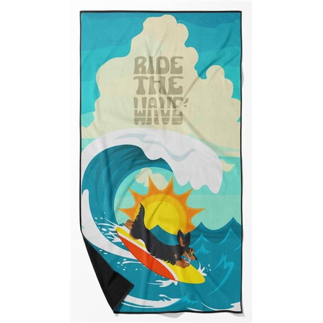 Surfer Dog Longhair Black Tan Dachshund Premium Beach Towel 30 in x 60 in