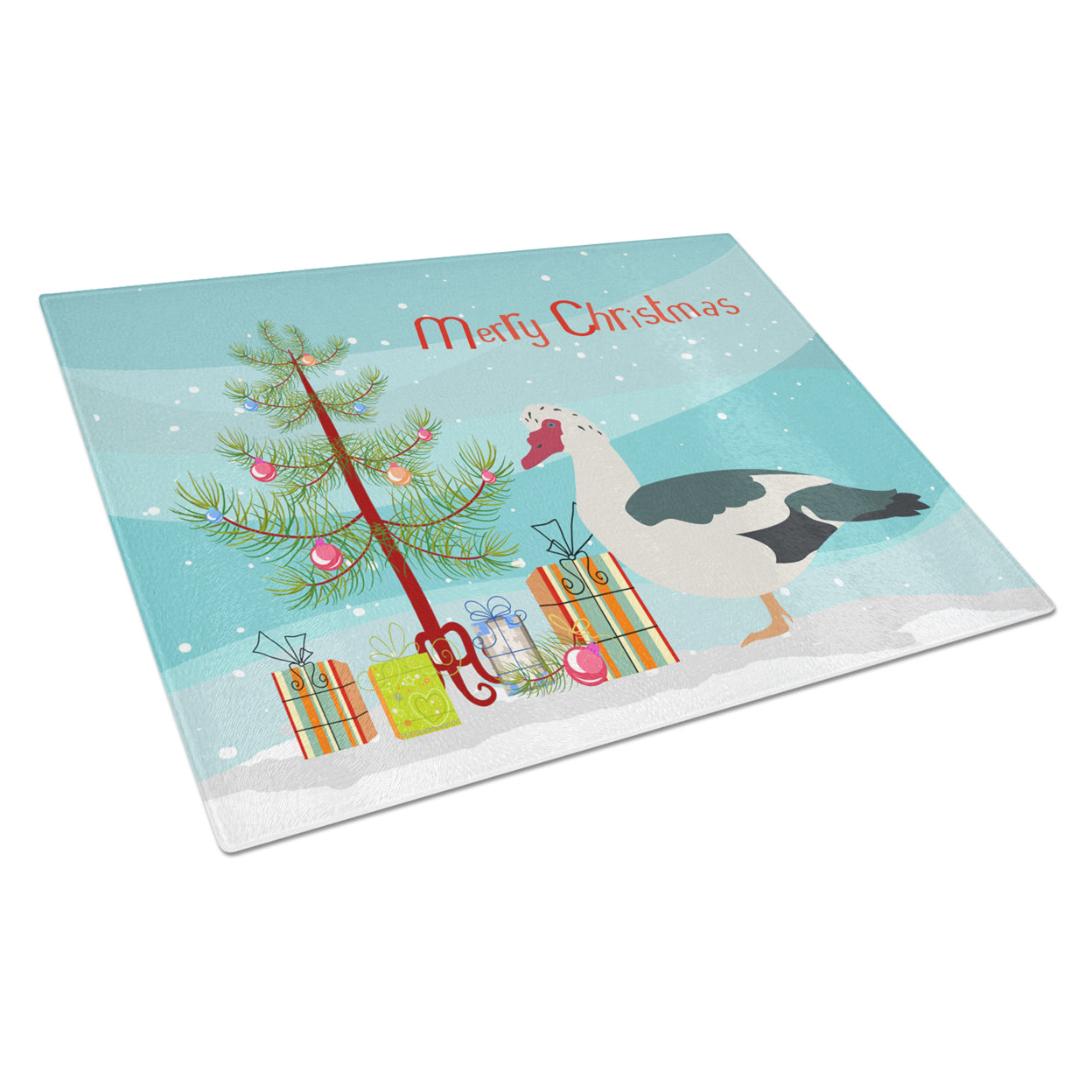 Carolines Treasures Muscovy Duck Christmas Glass Cutting Board Large Teal 12H x 16W multicolor