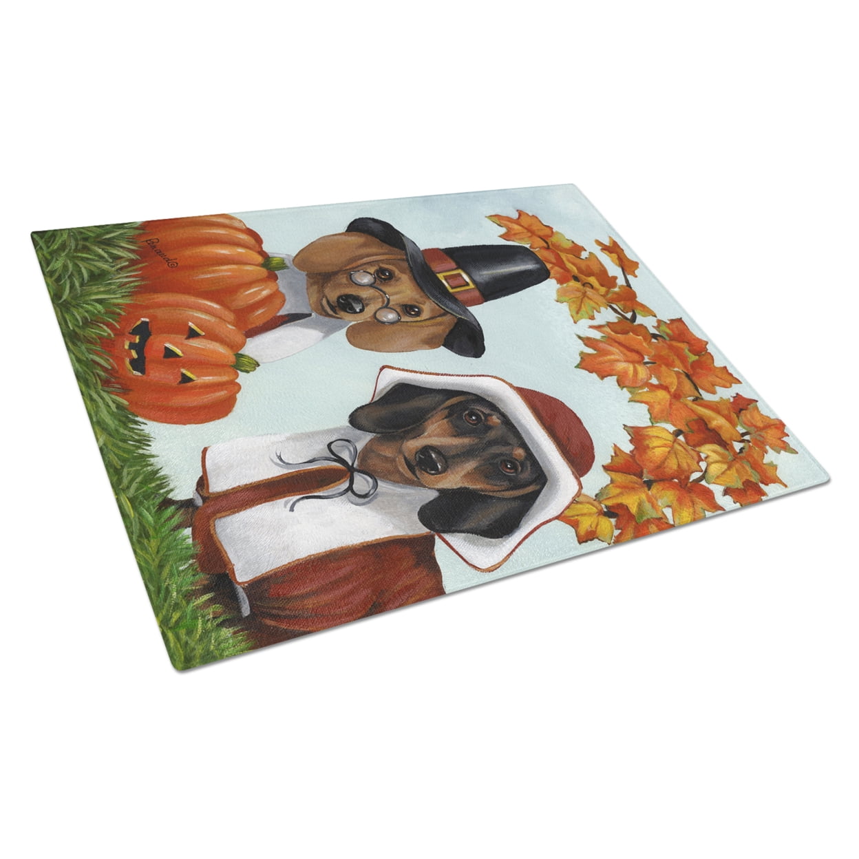Carolines Treasures PPP3087LCB Dachshund Thanksgiving Pilgrims Glass Cutting Board Large, 12H x 16W, multicolor