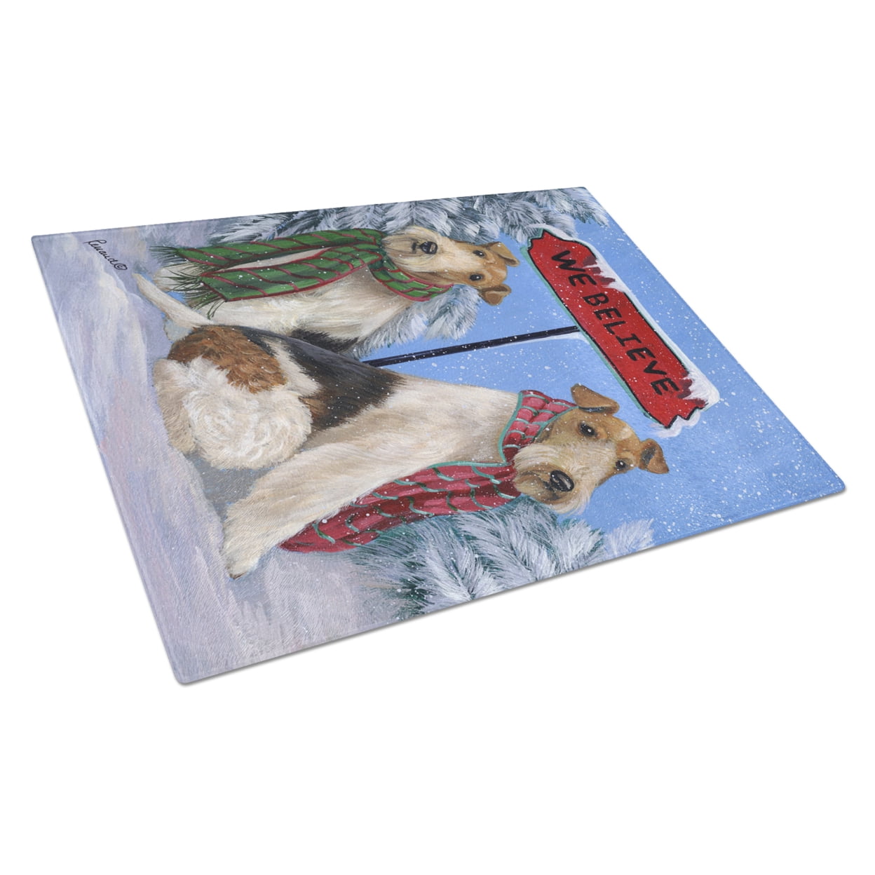 Carolines Treasures PPP3094LCB Fox Terrier Christmas We Believe Glass Cutting Board Large, 12H x 16W, multicolor