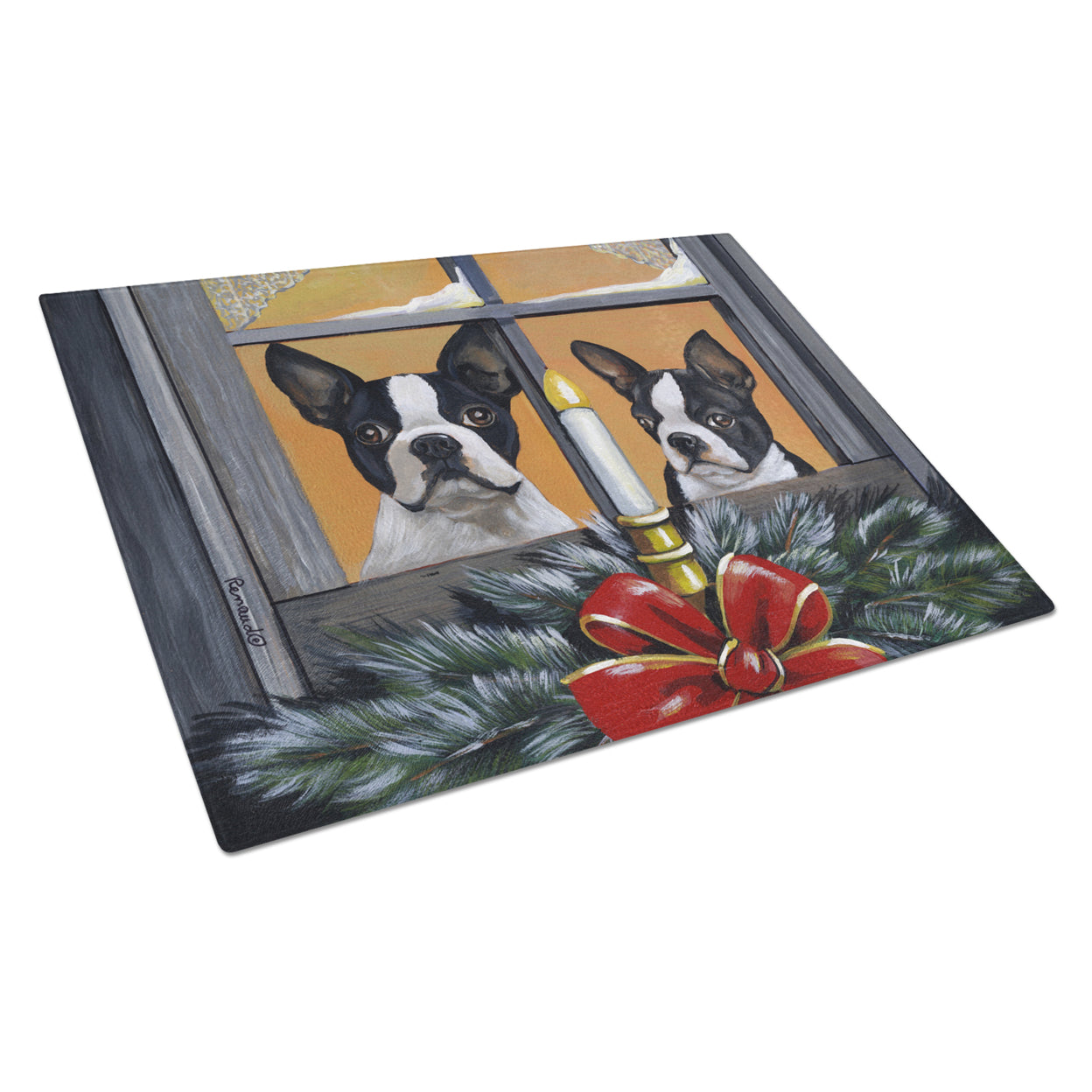 Carolines Treasures PPP3248LCB Boston Terrier Looking for Santa Christmas Glass Cutting Board Large, 12H x 16W,