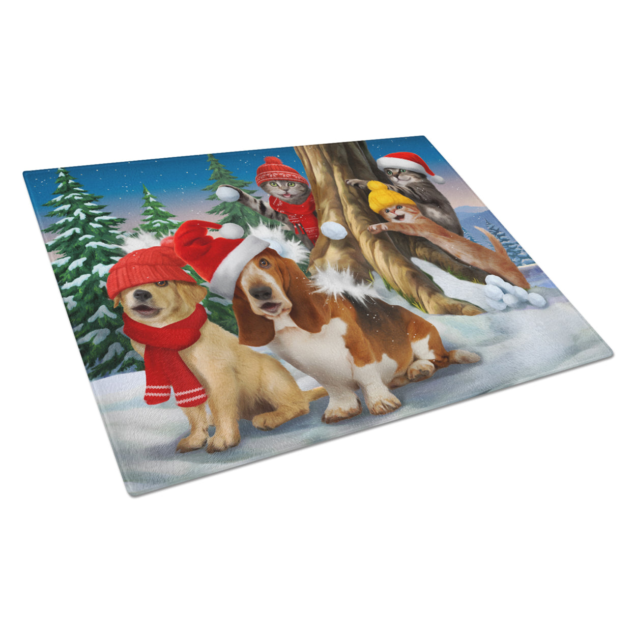 Carolines Treasures PTW2066LCB Basset, Golden and Cats Snowball Fight Glass Cutting Board Large, 12H x 16W, multicolor