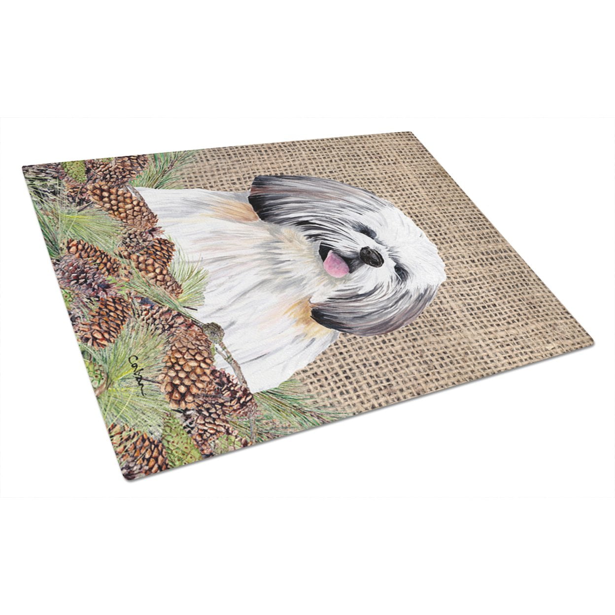 Carolines Treasures SC9040LCB Shih Tzu Faux Burlap and Pine cones Glass Cutting Board Large, 12H x 16W, multicolor