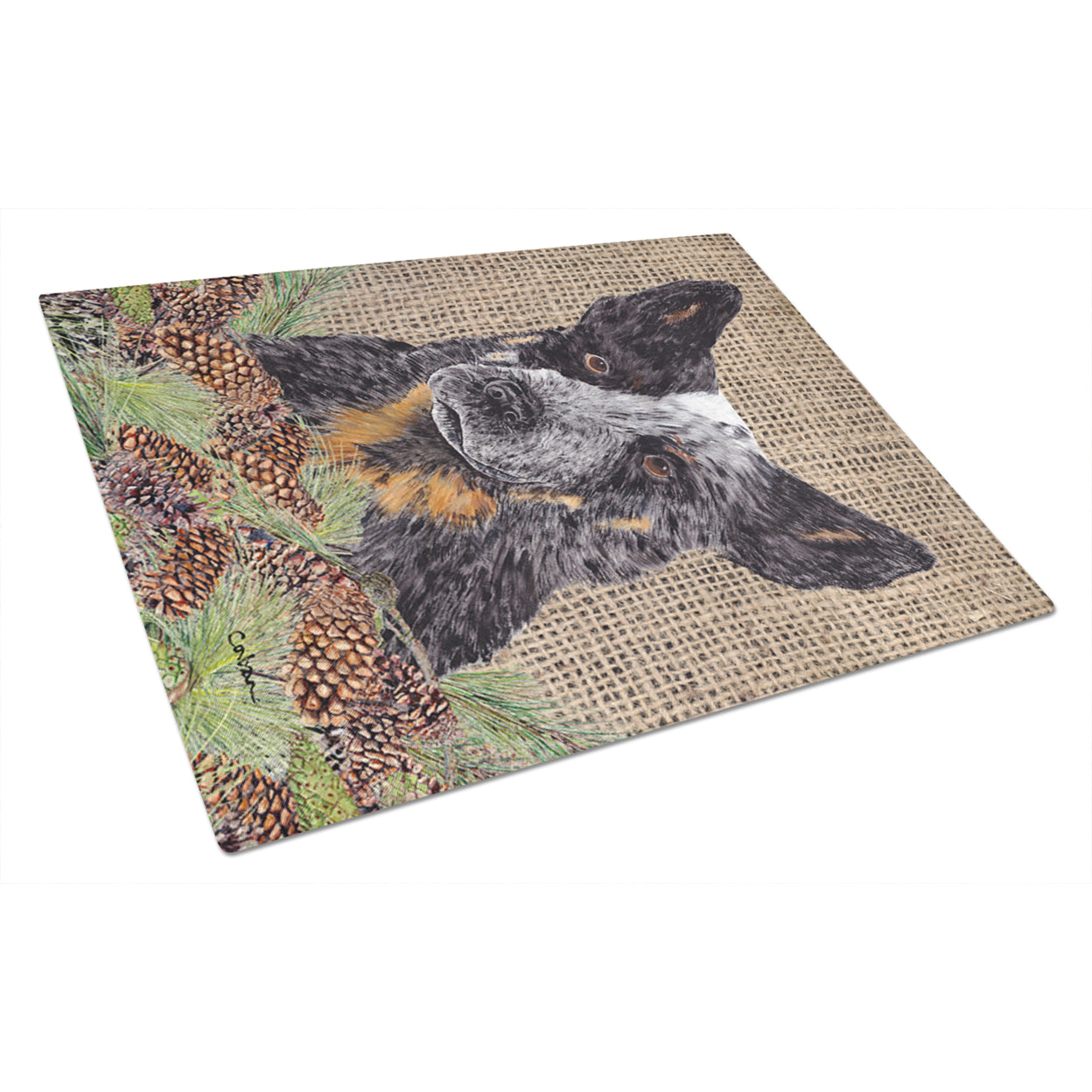 Carolines Treasures SC9050LCB Australian Cattle Dog Faux Burlap and Pine cones Glass Cutting Board Large, 12H x 16W,